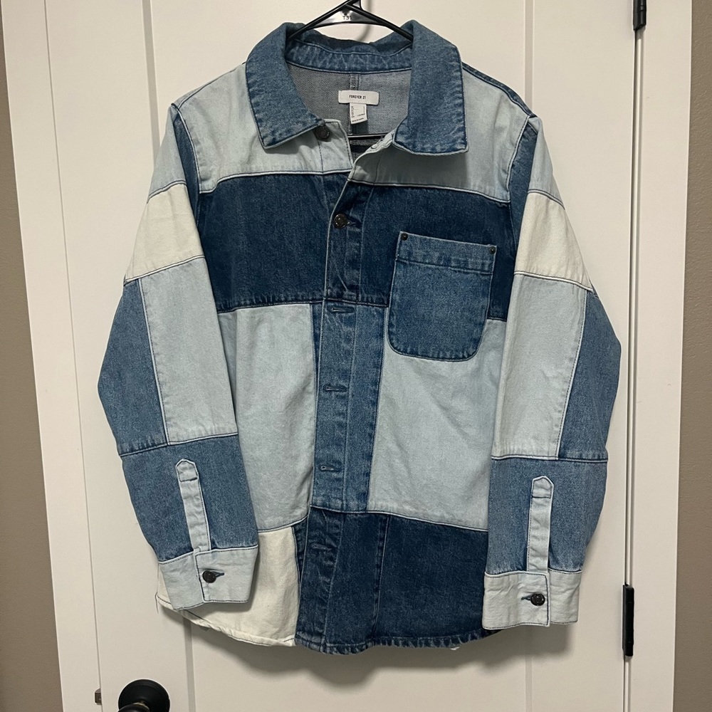 Denim patchwork jean jacket large. New without tags. Smoke free home.